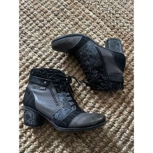 Remonte Black Floral Lace Up Ankle Boots Block Heel Women's‎ Size 39
